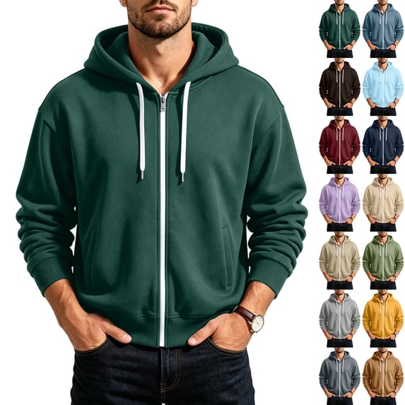 Men's Hoodie Jacket with Pockets,Full Zip Classic Solid Color Long Sleeve Hooded Sweatshirt Relaxed Fit Casual Outerwear