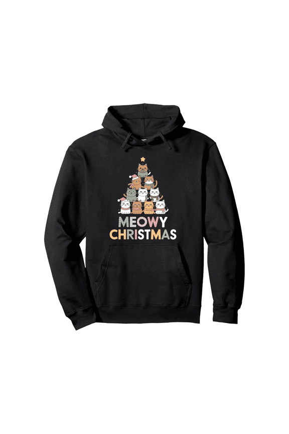 Men's Hoodie, Meowy Christmas Fun Cat Theme sweatshirt, Casual Long Sleeve Sweater, Loose Fit