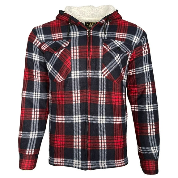 Men's Hoodie Plaid Long Sleeve Warm Sherpa Lined Full Zip Up Hooded Sweatshirt, Red/Black/White, M