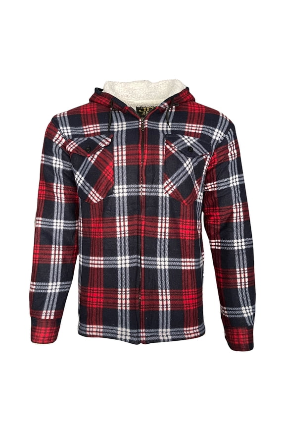 Men's Hoodie Plaid Long Sleeve Warm Sherpa Lined Full Zip Up Hooded Sweatshirt, Red/Black/White, M