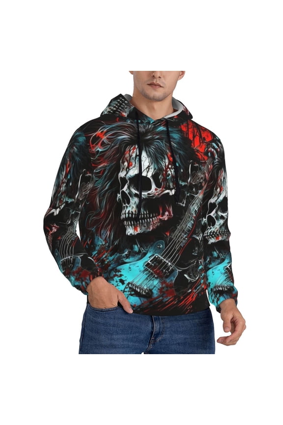 Men's Hoodie Pullover Casual Hooded Sweatshirt 3D, Death Skull Rock Heavy Metal Music