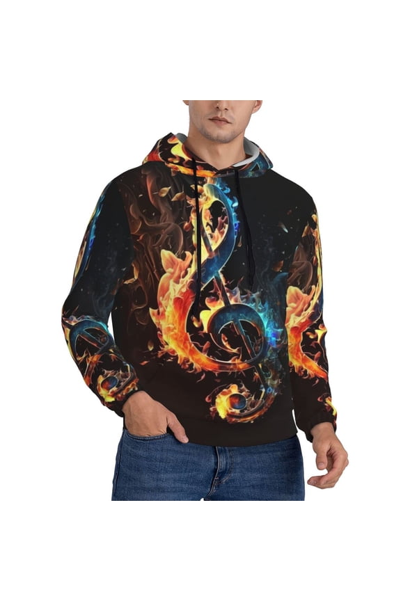 Men's Hoodie Pullover Casual Hooded Sweatshirt 3D, Flaming Music Notes Fire