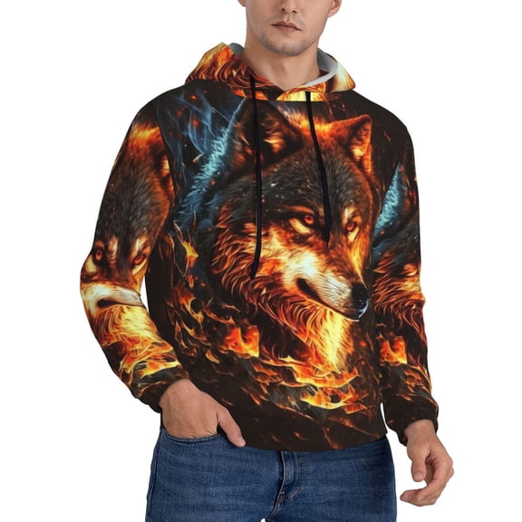 Men's Hoodie Pullover Casual Hooded Sweatshirt 3D, Wolf On Fire Burning Cool Flaming