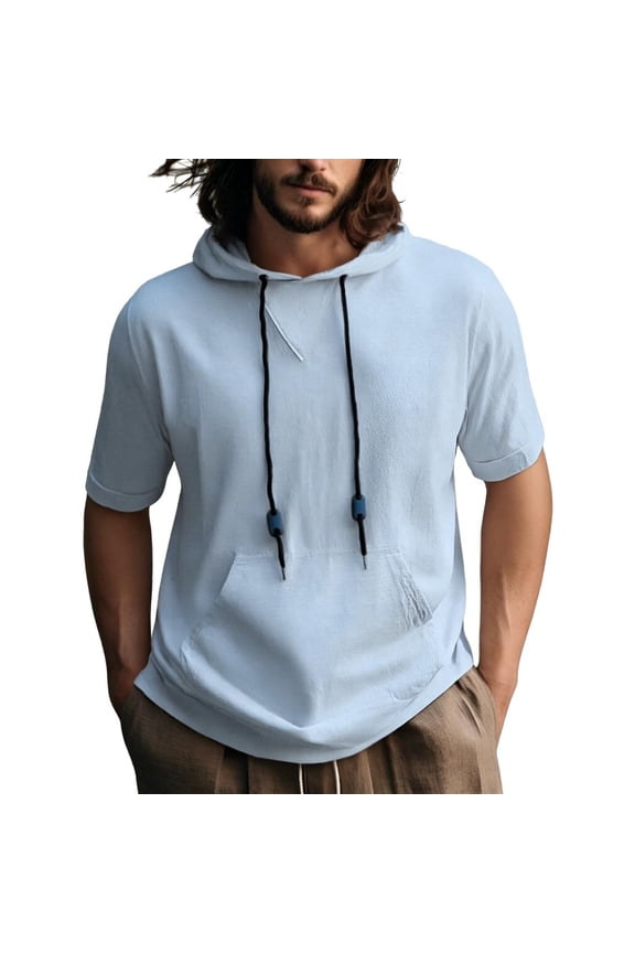 Men's Hoodie Pullover Solid Color Drawstring Short Sleeve Outdoor Sports Hiking Top with Pocket Father's Gift