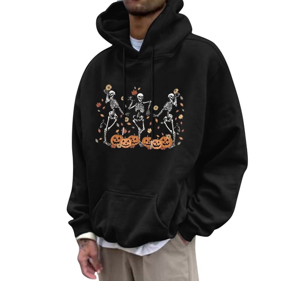 Men's Hoodie Pumpkin Skull Hoodie Sweatshirt Halloween Partial Casual Pullover Men's Sweatshirts Black XL