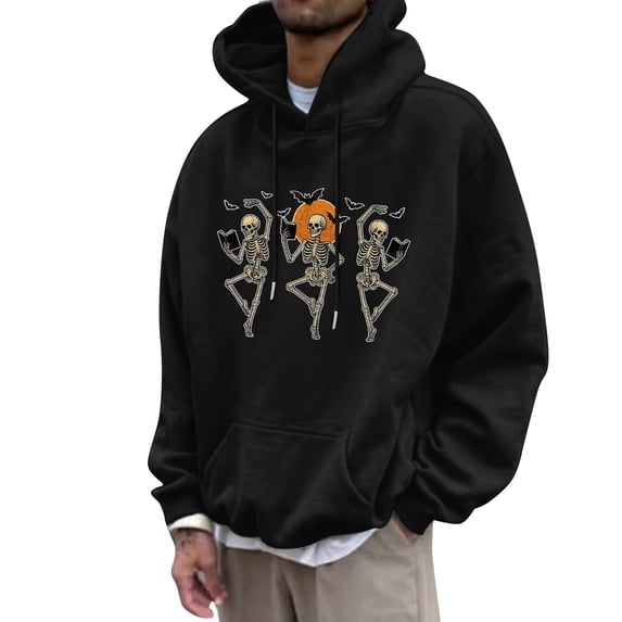 Men's Hoodie Pumpkin Skull Hoodie Sweatshirt Halloween Partial Casual Pullover Top Crewneck Sweatshirt Men Black XL