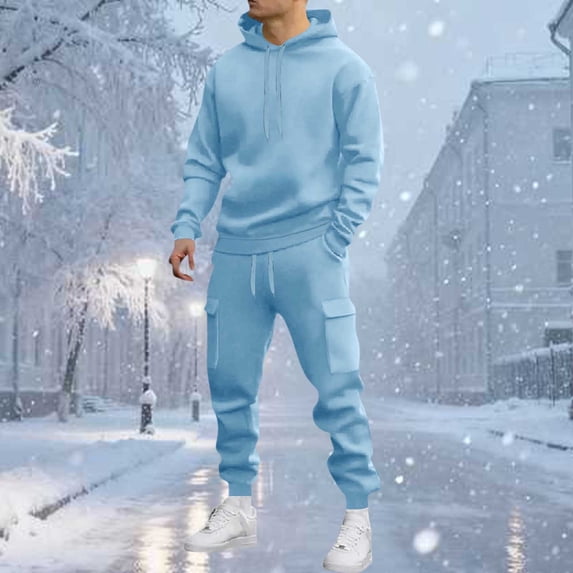 Men's Hoodie Tracksuit 2 Pieces Set Athletic Casual Hooded Sweatshirt and Joggers Set Sweatsuit Outfits Light Blue XL
