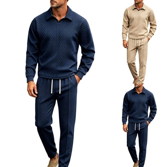 Men's Hoodie Tracksuit 2 Pieces Set Ndbuld Men's Diamond- Textured Lapel Solid Color Casual Sports Suit Men's Spring And Loose Drape Versatile Two-piece Set For Work And Fitness Navy,L