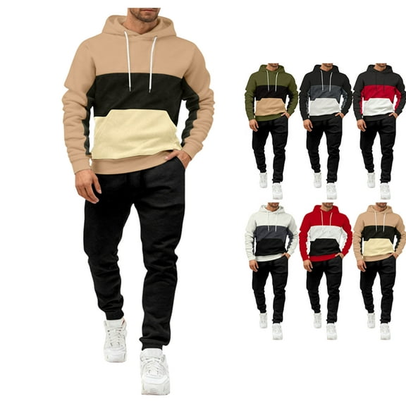 Men's Hoodie Tracksuit 2 Pieces Set Novelty Color Block Pullover Fleece Hoodies Long Sleeve Casual Sweatshirt Khaki XXL