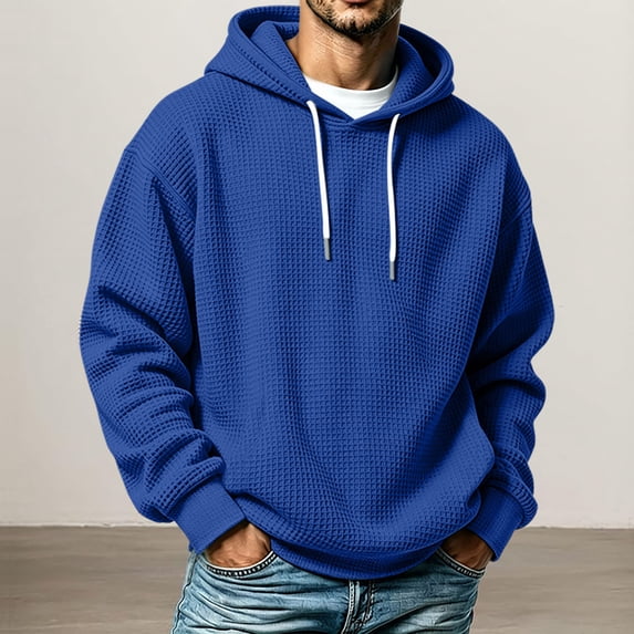 Men's Hoodie Waffle Knit Pullover Long Sleeve Casual Loose Fit Sweatshirt Hooded Tops with Pockets Fall Fashion Outfits(A01_Blue,XXXXXL)