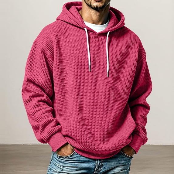 Men's Hoodie Waffle Knit Pullover Long Sleeve Casual Loose Fit Sweatshirt Hooded Tops with Pockets Fall Fashion Outfits(A01_Hot Pink,M)
