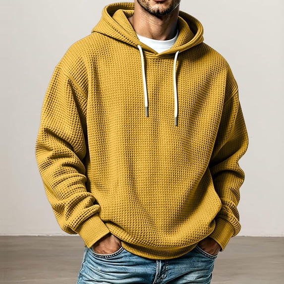 Men's Hoodie Waffle Knit Pullover Long Sleeve Casual Loose Fit Sweatshirt Hooded Tops with Pockets Fall Fashion Outfits(A01_Yellow,M)