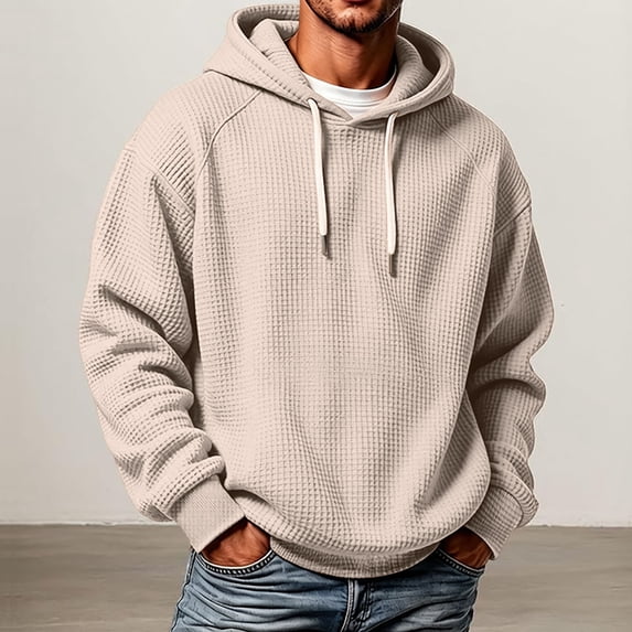 Men's Hoodie Waffle Knit Pullover Long Sleeve Casual Loose Fit Sweatshirt Hooded Tops with Pockets Fall Fashion Outfits(B02_Khaki,XXXXL)