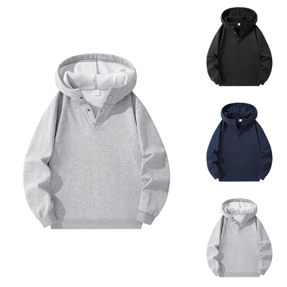 Men's Hoodie Winter Warm Pullover Casual Solid Color Zip Up Sweatshirt With Half Chest Button Long Sleeve Comfortable Streetwear Men Cotton Hooded Sweatshirt