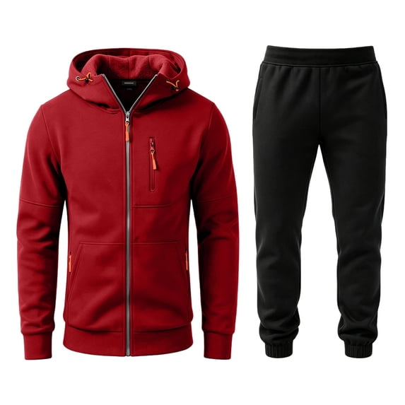 Men's Hoodie and Sweatpants Set 2 Piece Track Suit Fall Winter Casual Outfit with Hooded Sweatshirt and Jogger Pants With multiple pockets Red L