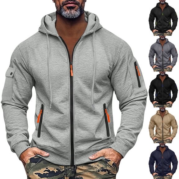 Men's Hoodie with Zipper Arm Pocket, Fleece Cardigan Oversized Casual Pullover for Daily Wear, Lounge,Dark Gray,M