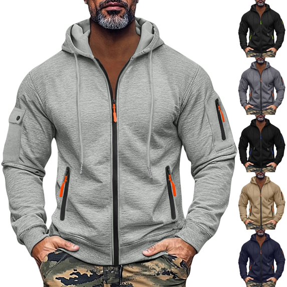 Men's Hoodie with Zipper Arm Pocket, Fleece Cardigan Oversized Casual Pullover for Daily Wear, Lounge,Multicolor,2XL