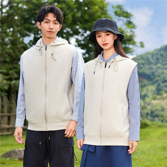 Men's Hoodies Big And Tall Solid-Color Convenient Outdoor Zipper Drawstring Pocket Sleeveless Hooded Blouse