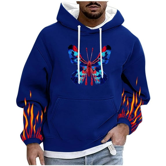 Men's Hoodies Butterflies Printed Sweatshirts with Pockets Lightweight Hooded Pullover Fall Outwears Work Wear Sweaters Hoody Flame Long Sleeve Tops Sportswear Hoodie for Men