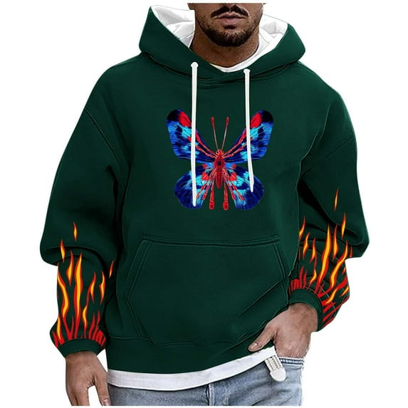 Men's Hoodies Butterflies Printed Sweatshirts with Pockets Lightweight Hooded Pullover Fall Outwears Work Wear Sweaters Hoody Flame Long Sleeve Tops Sportswear Hoodie for Men
