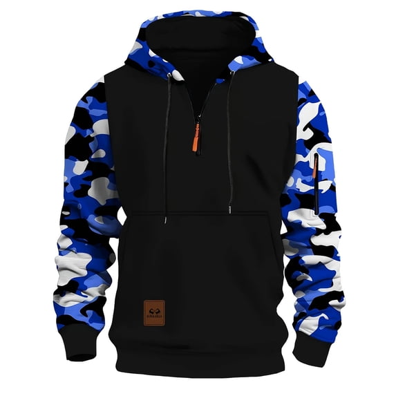 Men's Hoodies Camo Color Block Slim Fit Zipper Drawstring Pocket Sweatshirts Pullover Tops