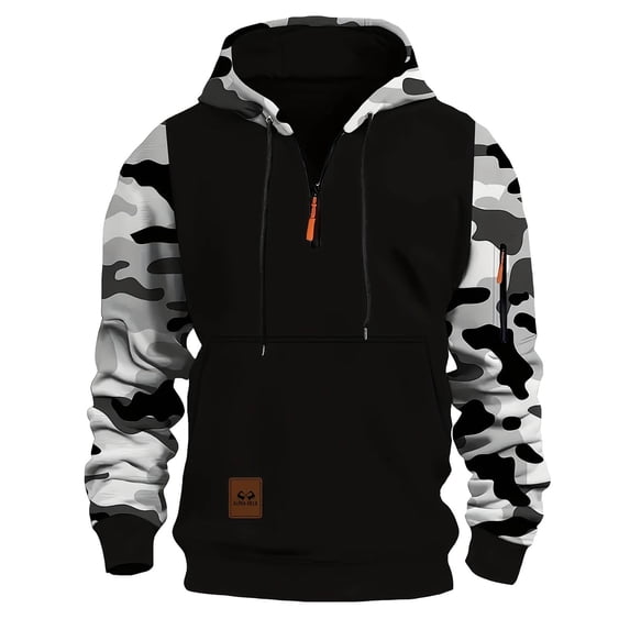 Men's Hoodies Camo Color Block Slim Fit Zipper Drawstring Pocket Sweatshirts Pullover Tops