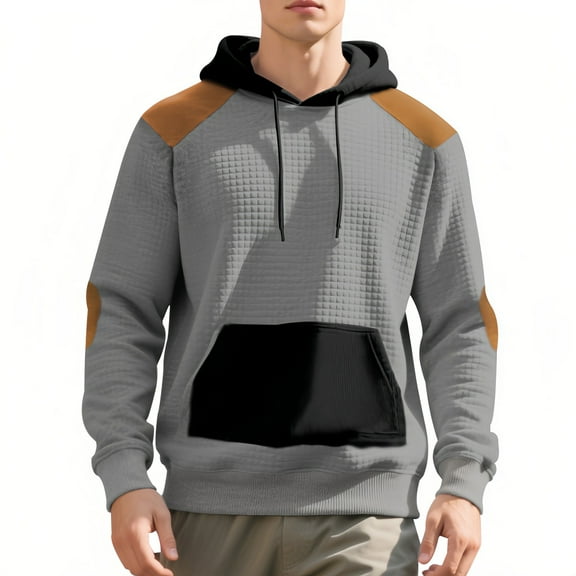 Men’s Hoodies Casual Hooded Sweatshirt With Contrast Leather Patches Textured Pullover Hoodie For Fall Winter,Size S-2XL