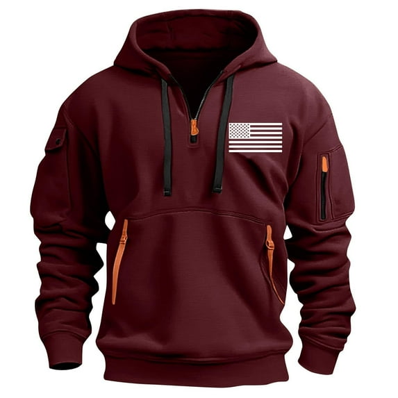 Men's Hoodies Casual Long Sleeve Quarter Zipper Pullover Sweatshirts Multi-Pocket Drawstring Hooded Sweatshirt Wine XL