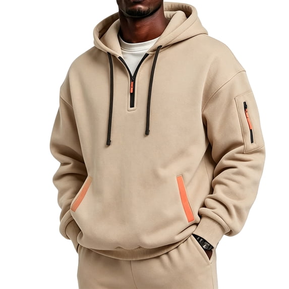 Men's Hoodies Casual Pullover Hooded Sweatshirt Long Sleeve Quarter Zip Hoody Tops With Kangaroo Pocket Khaki L