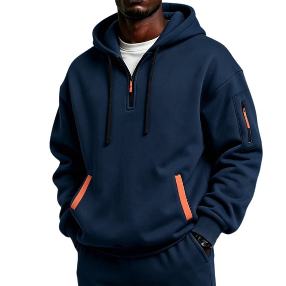 Men's Hoodies Casual Pullover Hooded Sweatshirt Long Sleeve Quarter Zip Hoody Tops With Kangaroo Pocket Navy XL
