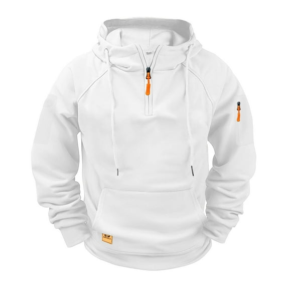 Men's Hoodies Casual Pullover Hooded Sweatshirt Long Sleeve Quarter Zip Hoody Tops With Kangaroo Pocket Pullovers For Men White S
