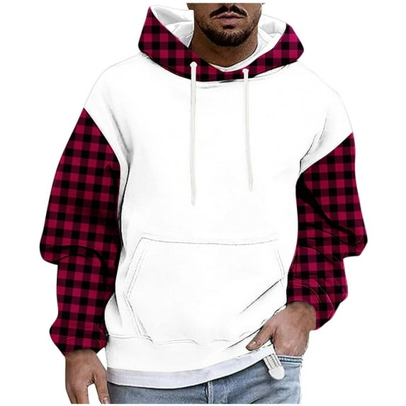 Men's Hoodies Color Block Checked Printed Sweatshirts with Pockets Fleece Lined Hooded Pullover Fall Outwears Work Wear Sweaters Hoody Long Sleeve Tops Sportswear Hoodie for Men