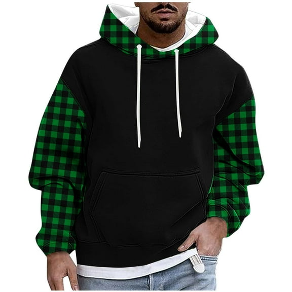 Men's Hoodies Color Block Checked Printed Sweatshirts with Pockets Fleece Lined Hooded Pullover Fall Outwears Work Wear Sweaters Hoody Long Sleeve Tops Sportswear Hoodie for Men