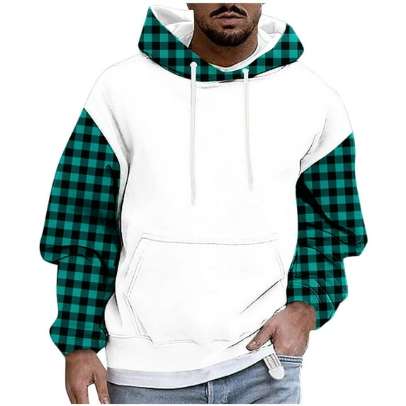 Men's Hoodies Color Block Checked Printed Sweatshirts with Pockets Fleece Lined Hooded Pullover Fall Outwears Work Wear Sweaters Hoody Long Sleeve Tops Sportswear Hoodie for Men