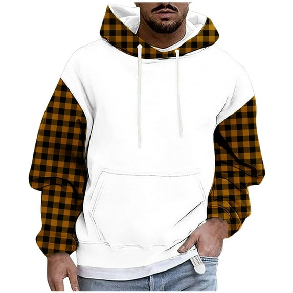 Men's Hoodies Color Block Checked Printed Sweatshirts with Pockets Fleece Lined Hooded Pullover Fall Outwears Work Wear Sweaters Hoody Long Sleeve Tops Sportswear Hoodie for Men