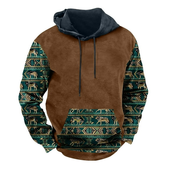 Men's Hoodies Colour Block Vintage Ethnic Style Printed Pullover Hooded Sweatshirts with Pockets Fall Sweatshirts Work Wear Sweaters Fleece Lined Hoody Long Sleeve Tops Hoodie for Men
