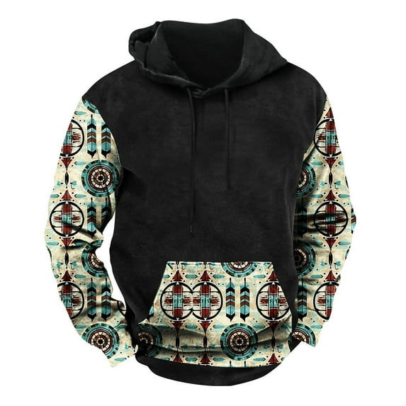 Men's Hoodies Colour Block Vintage Ethnic Style Printed Pullover Hooded Sweatshirts with Pockets Fall Sweatshirts Work Wear Sweaters Fleece Lined Hoody Long Sleeve Tops Hoodie for Men