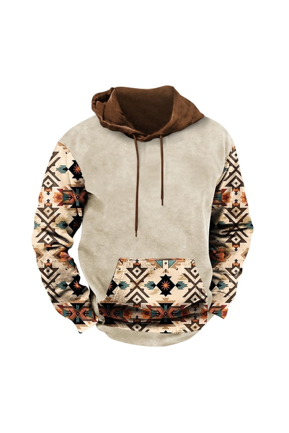 Men's Hoodies Colour Block Vintage Ethnic Style Printed Pullover Hooded Sweatshirts with Pockets Fall Sweatshirts Work Wear Sweaters Fleece Lined Hoody Long Sleeve Tops Hoodie for Men