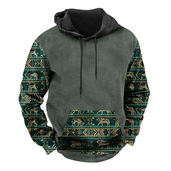 Men's Hoodies Colour Block Vintage Ethnic Style Printed Pullover Hooded Sweatshirts with Pockets Fall Sweatshirts Work Wear Sweaters Fleece Lined Hoody Long Sleeve Tops Hoodie for Men
