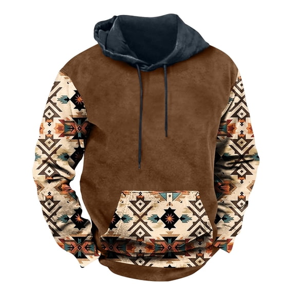 Men's Hoodies Colour Block Vintage Ethnic Style Printed Pullover Hooded Sweatshirts with Pockets Fall Sweatshirts Work Wear Sweaters Fleece Lined Hoody Long Sleeve Tops Hoodie for Men