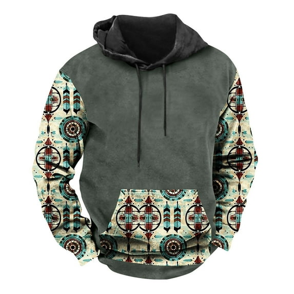 Men's Hoodies Colour Block Vintage Ethnic Style Printed Pullover Hooded Sweatshirts with Pockets Fall Sweatshirts Work Wear Sweaters Fleece Lined Hoody Long Sleeve Tops Hoodie for Men