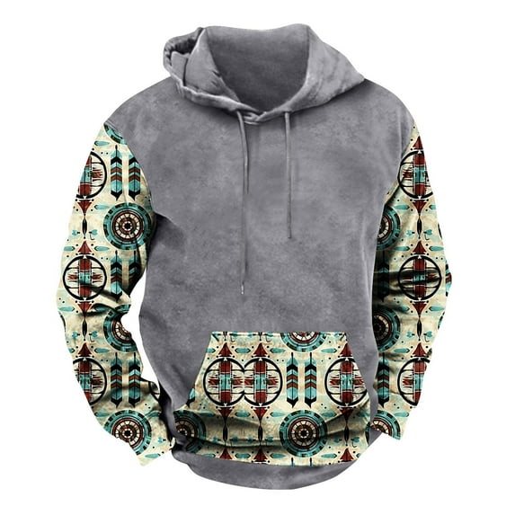Men's Hoodies Colour Block Vintage Ethnic Style Printed Pullover Hooded Sweatshirts with Pockets Fall Sweatshirts Work Wear Sweaters Fleece Lined Hoody Long Sleeve Tops Hoodie for Men