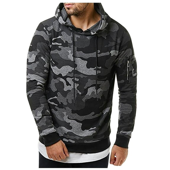 Men's Hoodies Fashion Camouflage Sweatshirt Men's Clothing Drawstring Ribbed Closure Sleeve Pocket Hooded Sweatshirts,Size M-3XL