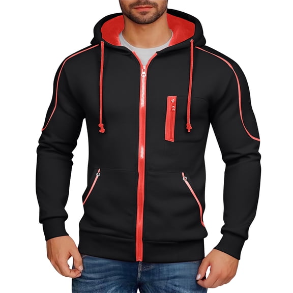 Men’s Hoodies Full Zip Up Hooded Sweatshirt Casual Lightweight Fleece Jacket With Drawstring Hood and Multiple Pockets Red,Size M-3XL