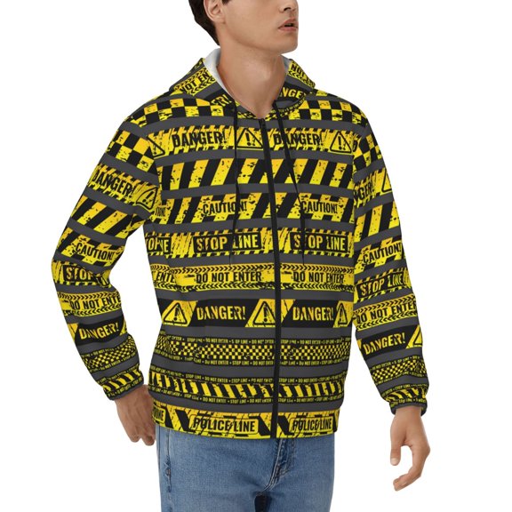 Men's Hoodies Hooded Casual Full Zip Sweatshirts 3D, Danger Caution Warning Police Stripe