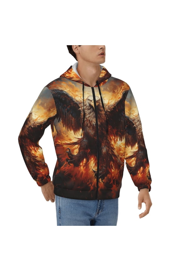 Men's Hoodies Hooded Casual Full Zip Sweatshirts 3D, Flaming Fire Eagle Art