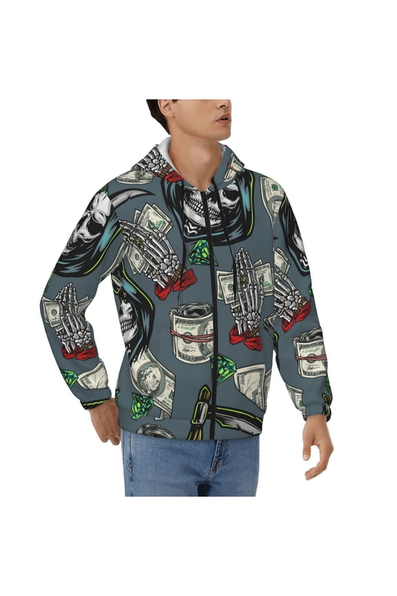 Men's Hoodies Hooded Casual Full Zip Sweatshirts 3D, Money Vintage Reaper Grim Skull