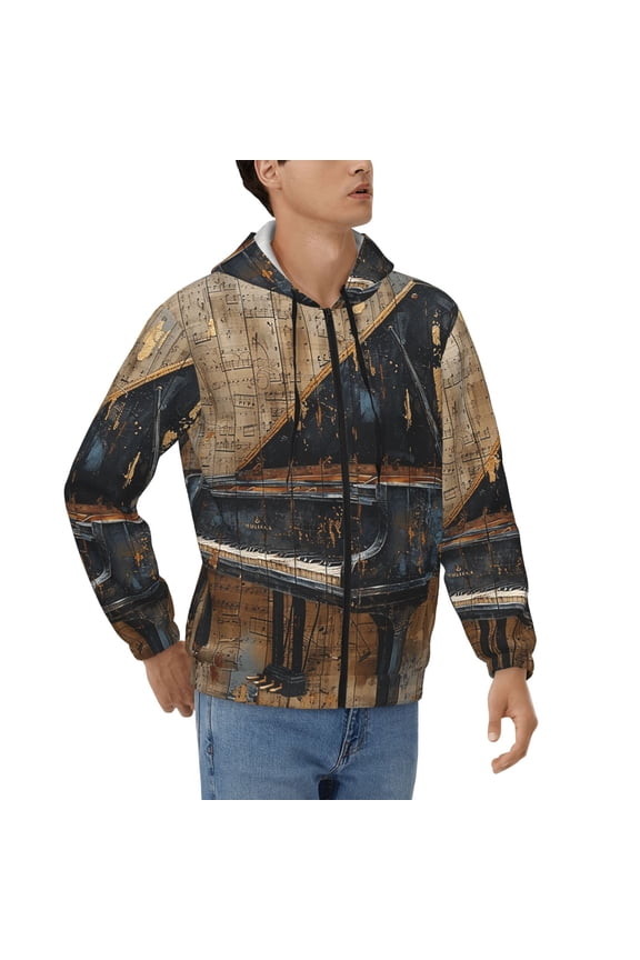 Men's Hoodies Hooded Casual Full Zip Sweatshirts 3D, Vintage Musical Notes Piano Art