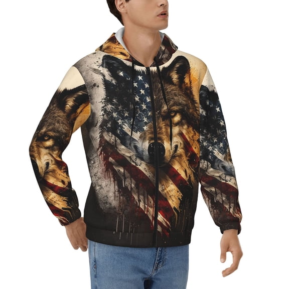 Men's Hoodies Hooded Casual Full Zip Sweatshirts 3D, Wolf American USA Flag