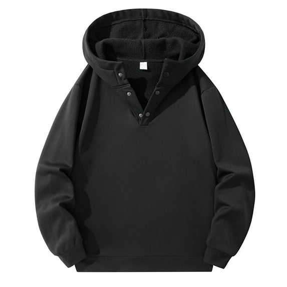 Men's Hoodies Mens Fleece Hoodie Pullover Solid Sweatshirt With Half Chest Button Mens Sweatshirt Black XL
